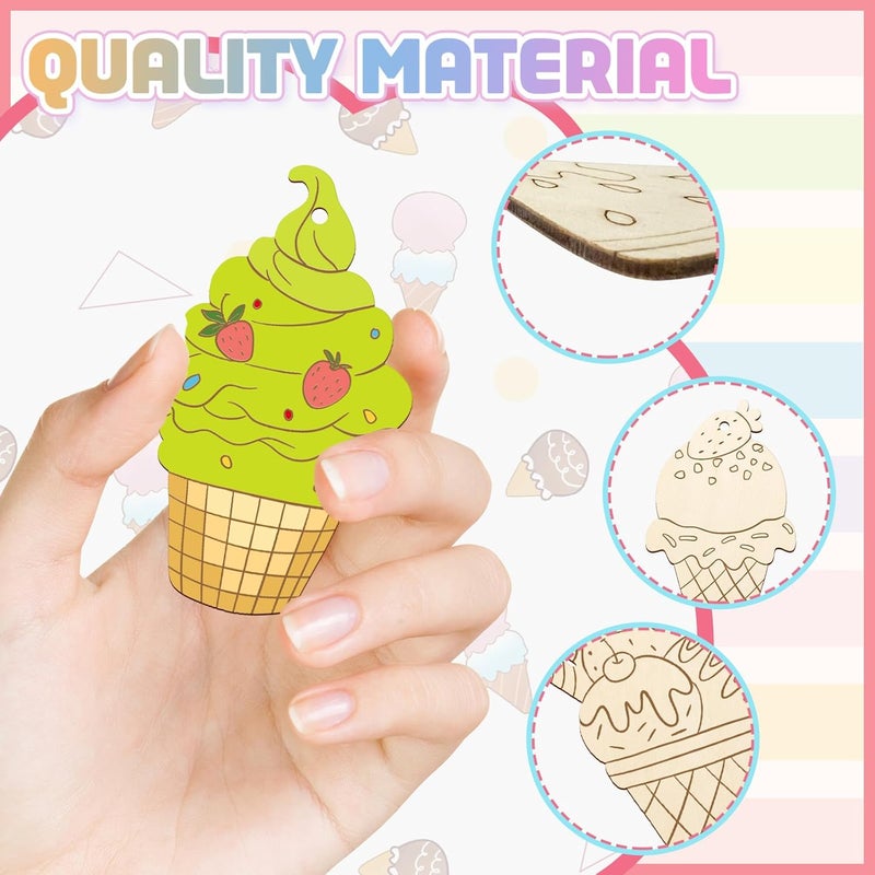 Sophena 80PCS Wooden Ice Cream Cutouts Ornaments to Paint,Summer Decorations 8 Styles DIY Blank Unfinished Wood Cutouts Ornament for Crafts Hanging Decorations - Image 3